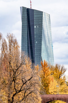 Blick von der Alten Br&uuml;cke auf die EZB in Frankfurt am Main mit der Ignatz Bubis Br&uuml;cke und mit herbstlichen B&auml;umen
