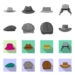 Vector illustration of headgear and cap symbol. Collection of headgear and accessory stock vector illustration.