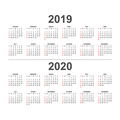 Calendar 2019 and 2020 template.Holidays in red colors.
Week starts Sunday.