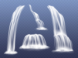 Waterfall or water cascade vector illustration. Isolated realistic set of flowing streams falling down from mountain rocks with splashes and spatters on transparent background