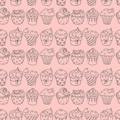 Seamless pattern with cupcakes on pink background.