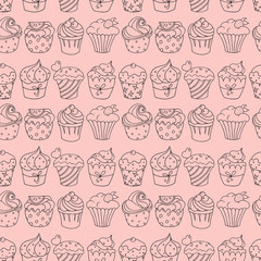 Seamless pattern with cupcakes on pink background.