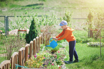 Cute boy is helping to water the plants in the garden. He is doing his job well. © Artem