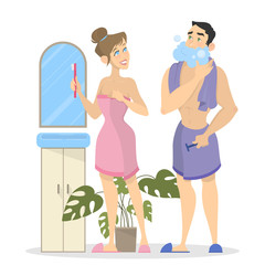 Woman and man make toothbrush morning routine together