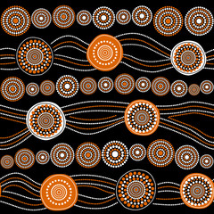 Australian aboriginal seamless vector pattern with dotted circles, rings and crooked stripes
