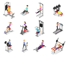 Fototapeta na wymiar Set of workout for men and women on exercise machines.
