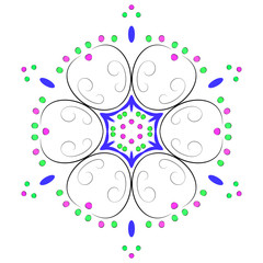  ornament in a circle, blue, white, green, pink. pattern