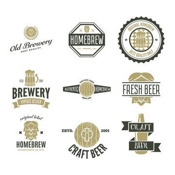 Set of vintage logo, badge, emblem or logotype elements for beer, shop, home brew, tavern, bar, cafe and restaurant