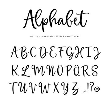 Hand drawn vector alphabet, font. Isolated letters, punctuation written with marker or ink. Modern brush script.