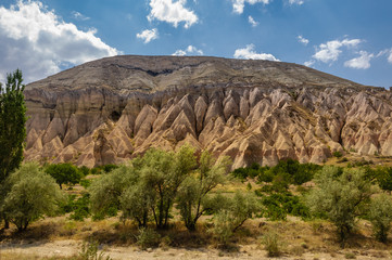 View from the structure of Cappadocia. Impressive fairy chimneys of sandstone in the canyon near Cavusin village, Cappadocia, Nevsehir Province in the Central Anatolia Region of Turkey. Overcast sky.