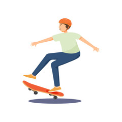 Young guy in a helmet rides a skateboard and performs various difficult stunts.