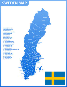 The detailed map of Sweden with regions or states and cities, capital. Administrative division.