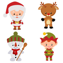 cute christmas santa snowman reindeer elf cartoon set