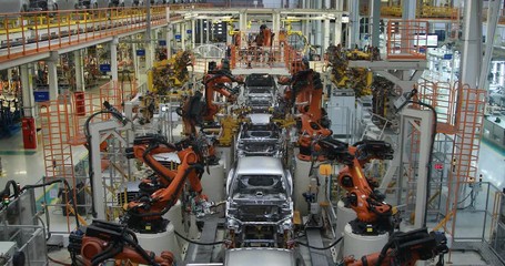 body of car on conveyor top view. Modern Assembly of cars at the plant. The automated build process of the car body - Powered by Adobe