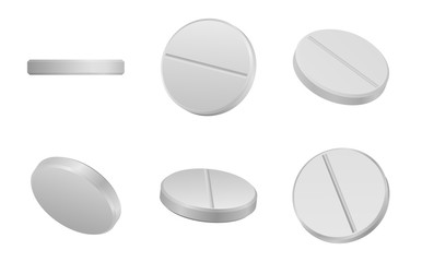 White classic pills from different angles. Realistic round tablets set. Vector Illustration.