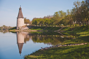 Sightseeing Russia. Gold ring, the city of Pskov. Towers of the Kremlin