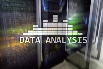 Big Data analysis text on server room background. Internet and modern technology concept.