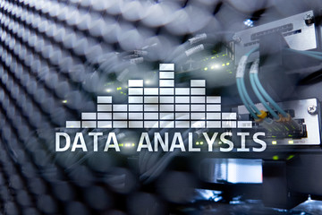 Big Data analysis text on server room background. Internet and modern technology concept.