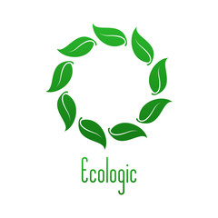 Logotipo abstracto con hojas en circulo y texto Ecologic verde