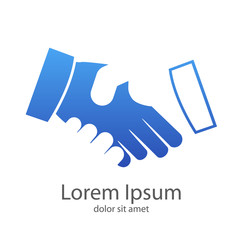 Logotipo apretón de manos espacio negativo en color azul