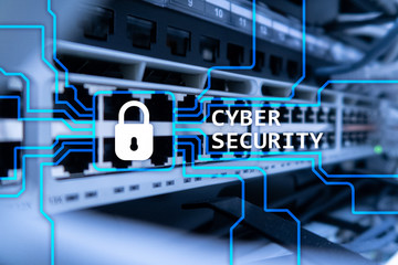 Cyber security, information privacy and data protection concept on server room background.