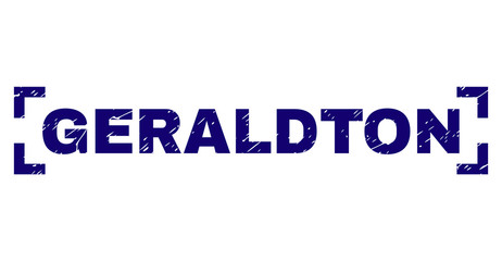 GERALDTON text seal print with distress texture. Text title is placed inside corners. Blue vector rubber print of GERALDTON with unclean texture.