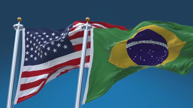 4k Seamless United States of America And Brazil Flags with blue sky background,A fully digBRAl rendering,The flag 3D animation loops at 20 seconds,USA BRA.