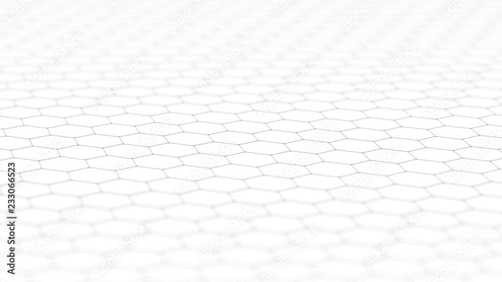 Poster Abstract white futuristic background. Background with hexagons. Connecting dots and lines on white background. 4k rendering.