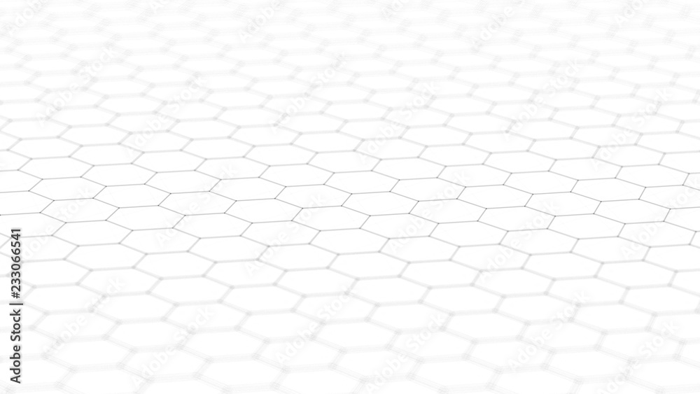 Poster Abstract white futuristic background. Background with hexagons. Connecting dots and lines on white background. 4k rendering.