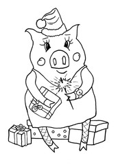 Pig with a gifts. Pig illustration of hand-painted. Symbol of New Year 2019.