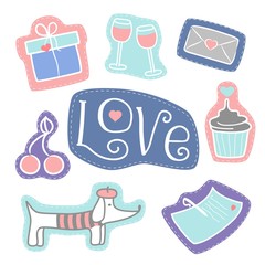 Set of love patches, cute colorful badges, fun cartoon icons. Vector illustration.