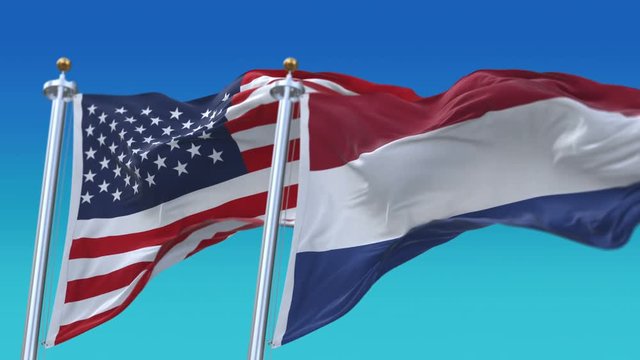 4k Seamless United States of America And Netherlands Holland Flags with blue sky background,A fully digNLl rendering,The flag 3D animation loops at 20 seconds,USA NL.