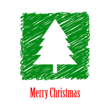 Logotipo con texto Merry Christmas con árbol de navidad espacio negativo en cuadrado con garabatos