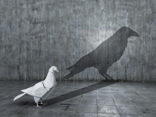 Concept of hidden potential, dualism and change. Paper figure of a dove that throws a crow of crows. 3D illustration - obrazy, fototapety, plakaty