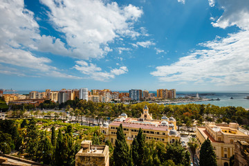 Panoramic and aerial view of Malaga in a beautiful spring day, Spain