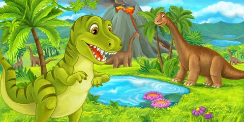 Photo sur Plexiglas Chambre denfants scène de dessin animé avec un joyeux dinosaure tyrannosaurus rex près du volcan en éruption et du diplodocus - illustration pour enfants