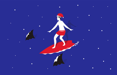 Santa Claus surfing and sharks