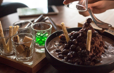 ice chocolate bingsu with topping sweet korean dessert
