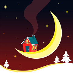Obraz na płótnie Canvas Elegant house on the moon with a night background, stars and Christmas trees
