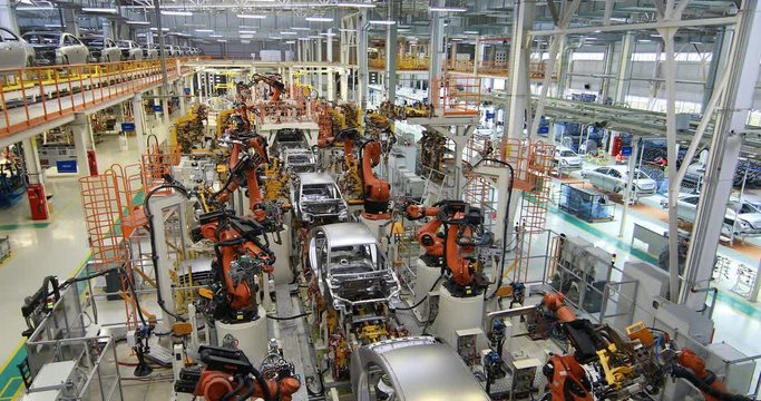 body of car on conveyor top view. Modern Assembly of cars at the plant. The automated build process of the car body