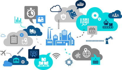 Smart logistics -  packaging, transportation, inventory, materials handling, information flow - vector illustration