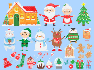 Obraz na płótnie Canvas Set of Christmas and New Year elements. Santa Claus & Mrs. Claus. Funny Elf, deer, bear, snowman and penguin. Winter Holidays. Vector illustration.