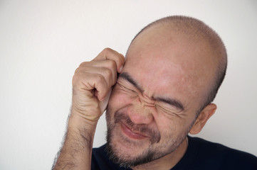 Obraz premium bald beard adult Japanese man in funny thinking post portrait