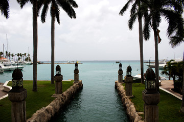 Yachts, palms and wharf on Carribean island - 233073500