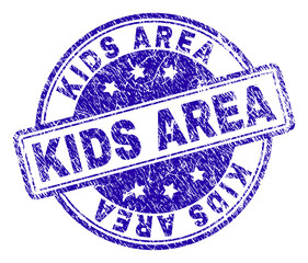 KIDS AREA stamp seal watermark with grunge texture. Designed with rounded rectangles and circles. Blue vector rubber print of KIDS AREA text with retro texture.