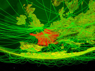 France on green model of planet Earth with network representing digital age, travel and communication.