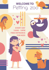 Fototapeta premium Petting zoo vector poster. Girl playing with animals. Happy animals dog sloth, horse mouse, turtle. Lovely and friendly atmosphere. Kissing mouse.