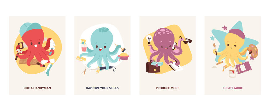 Cartoon multitasking octopuses motivating cards vector illustration. Builder, like a handyman. Hairdresser, improve your skills. Office worker, produce more. Artist, create more.