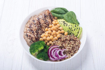 Buddha bowl with broccoli , quinoa , grilled chicken , avocado and spinach