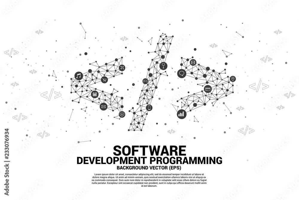 Fototapete Vector Polygon software development programming tag  with dot connect line and functional utility icon. Concept for Programming language technology and coding.